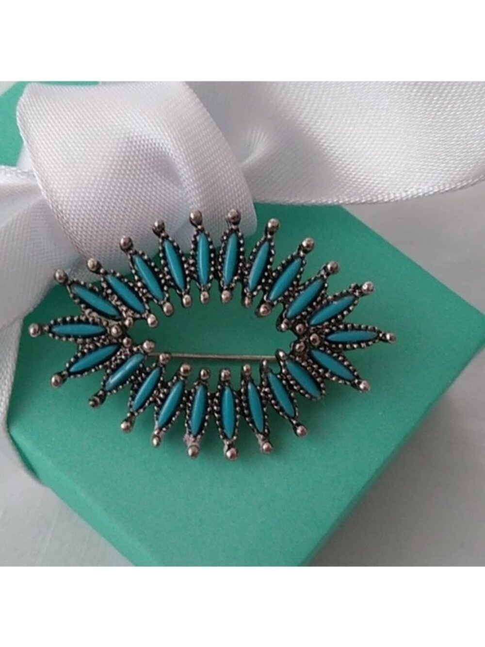 Vintage Zuni Petit Point Sterling Silver + Turquoise Oval Brooch